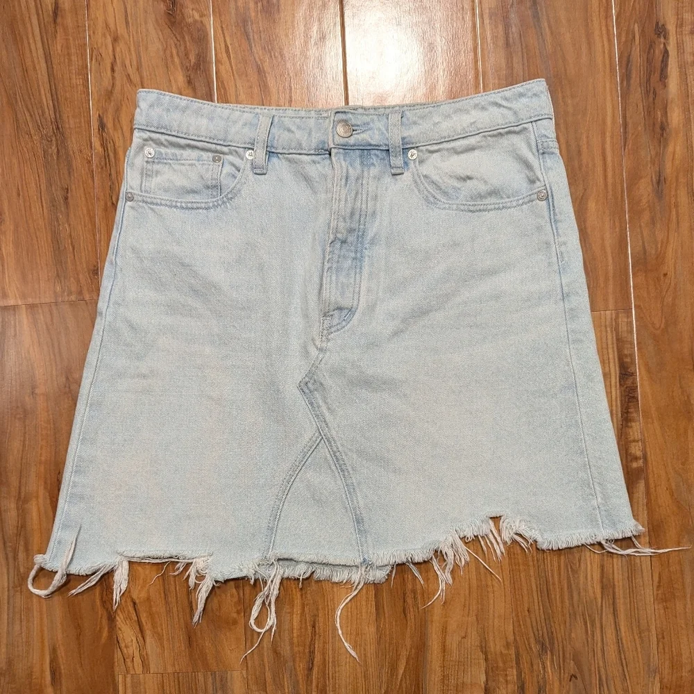 Free‎ People Going Rogue Asymmetrical Hem Distressed Denim Skirt Women's 29
